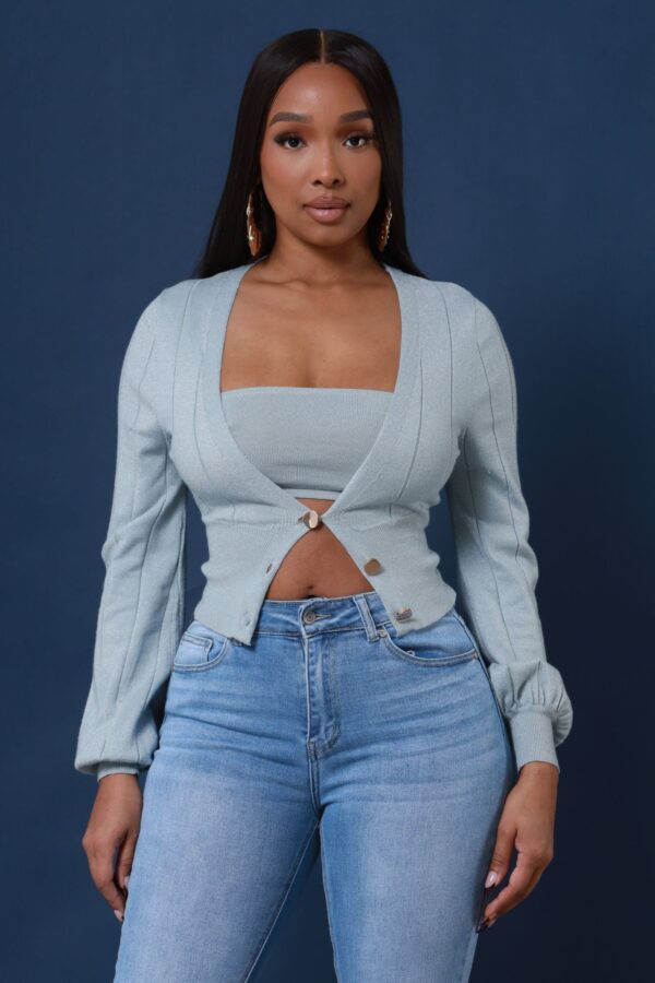 Like You Mean It Glittery Cardigan Crop Top Set - Grey - Image 5