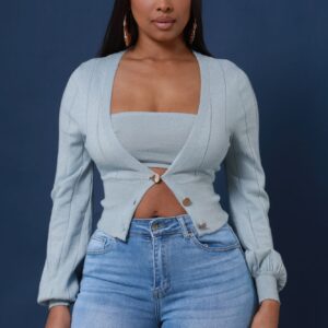 Like You Mean It Glittery Cardigan Crop Top Set - Grey