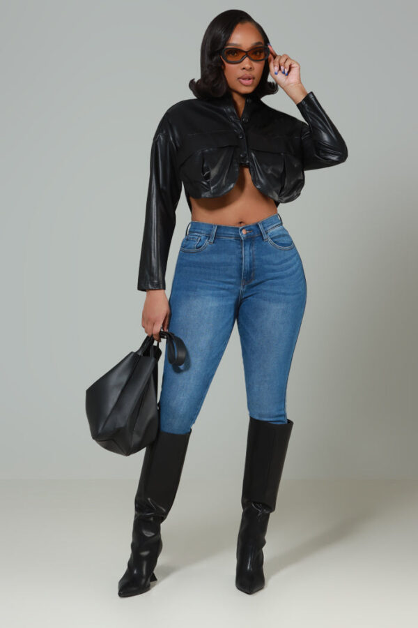 Hotshot Faux Leather Cropped Blouse - Black - Image 4