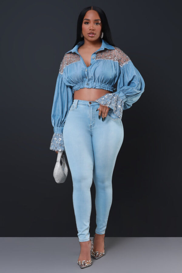Up For Anything Frayed Denim Cropped Blouse - Blue - Image 3