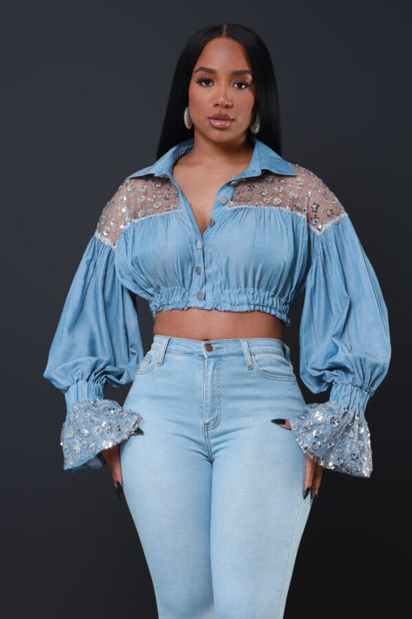 Up For Anything Frayed Denim Cropped Blouse - Blue - Image 4