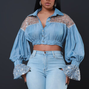 Up For Anything Frayed Denim Cropped Blouse - Blue