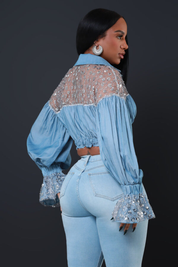 Up For Anything Frayed Denim Cropped Blouse - Blue - Image 2