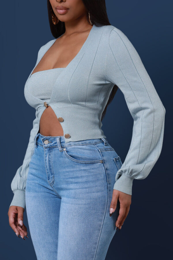 Like You Mean It Glittery Cardigan Crop Top Set - Grey - Image 3