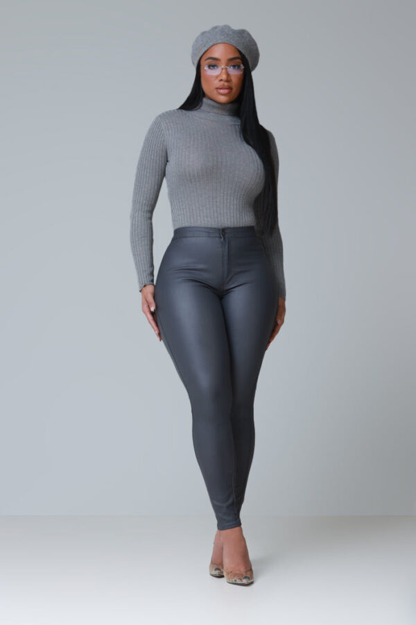 Melted Faux Leather High Rise Pants - Charcoal Grey - Image 5