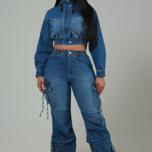 Run Your Mouth High Rise Baggy Denim Cargo Pants - Med Wash