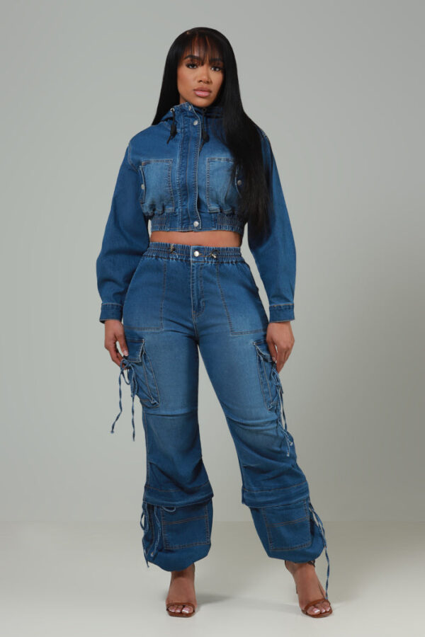 Run Your Mouth High Rise Baggy Denim Cargo Pants - Med Wash - Image 5