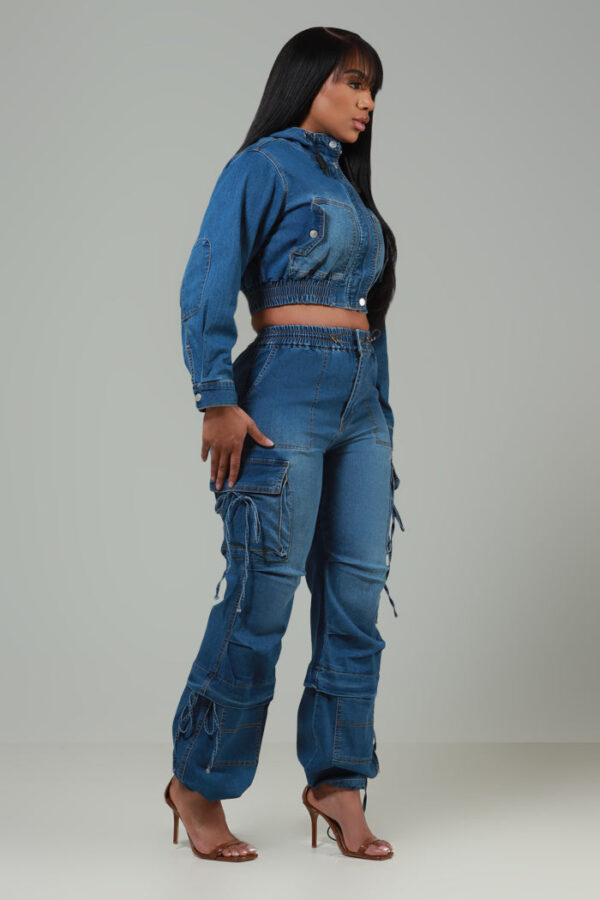 Run Your Mouth High Rise Baggy Denim Cargo Pants - Med Wash - Image 3