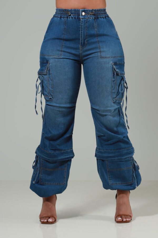 Run Your Mouth High Rise Baggy Denim Cargo Pants - Med Wash - Image 4