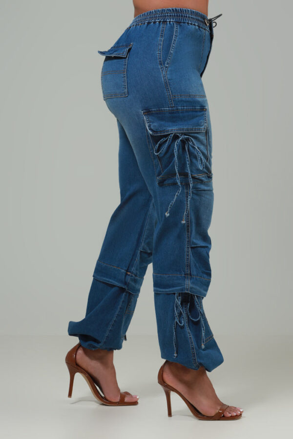 Run Your Mouth High Rise Baggy Denim Cargo Pants - Med Wash - Image 2