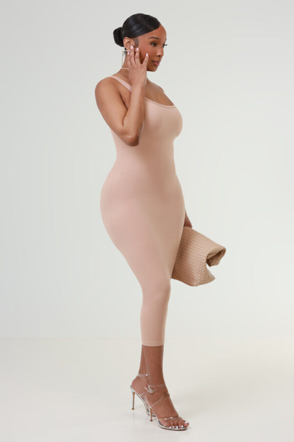 On Repeat Scoop Neck Micro Ribbed Midi Dress - Nude - Image 3