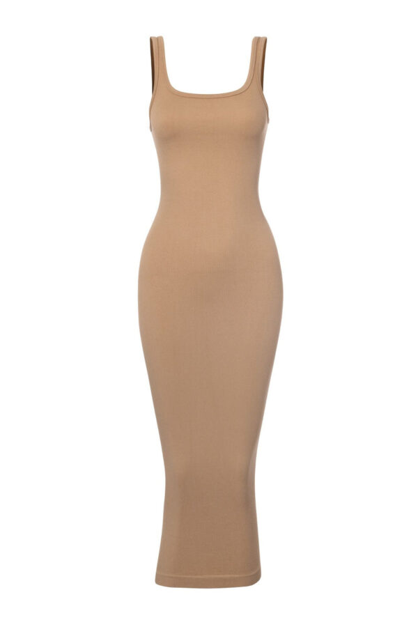 On Repeat Scoop Neck Micro Ribbed Midi Dress - Nude - Image 2